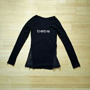 Bebe Ribbed & Floral Lace Swarovski Logo Top